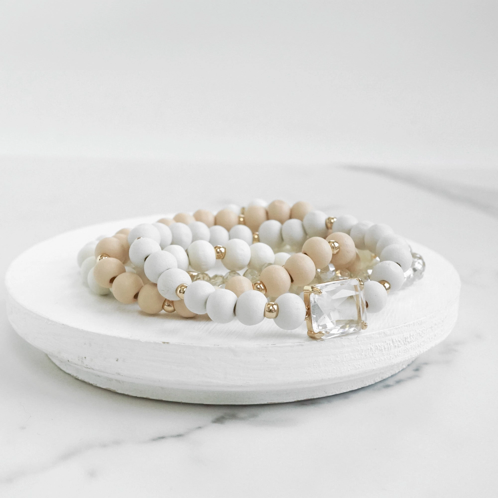 Beaded Bracelets Set Boho Wood Glass with Faceted Crystal Adaptable View Wear Everyday