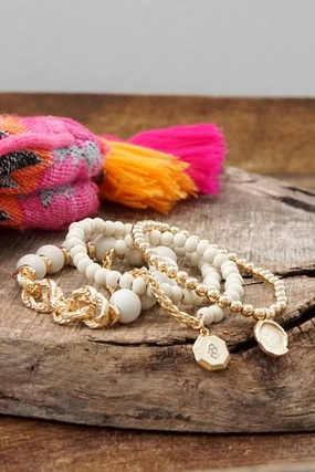 Beaded Bracelets set Cream wooden Beads Chain Coin Charms Inspiration Behind