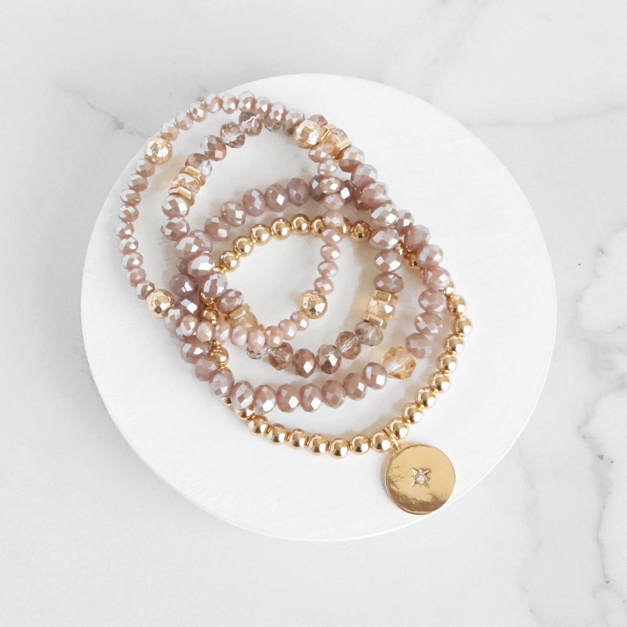 Beaded Bracelets set Gold Coin Sparkly Blush Pink Glass Metal beads Ever After Peaceful Vibe