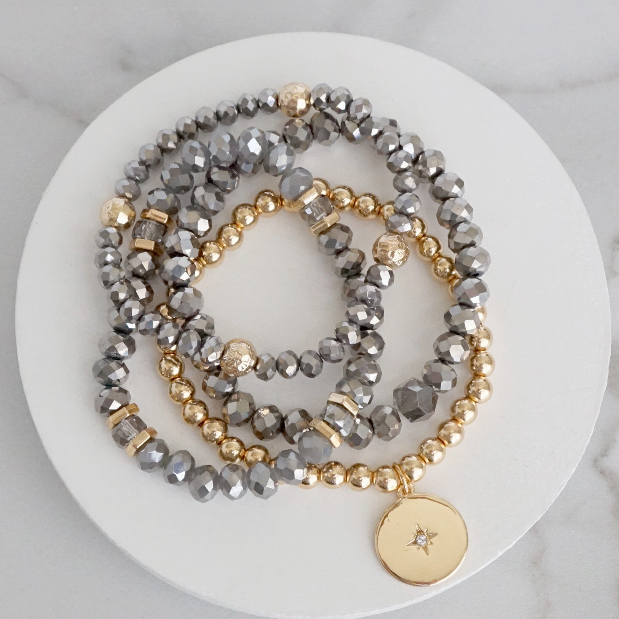 Beaded Bracelets set Gold Coin Sparkly Grey Hematite Glass Metal beads Blackened Steel Pinnacle Detail