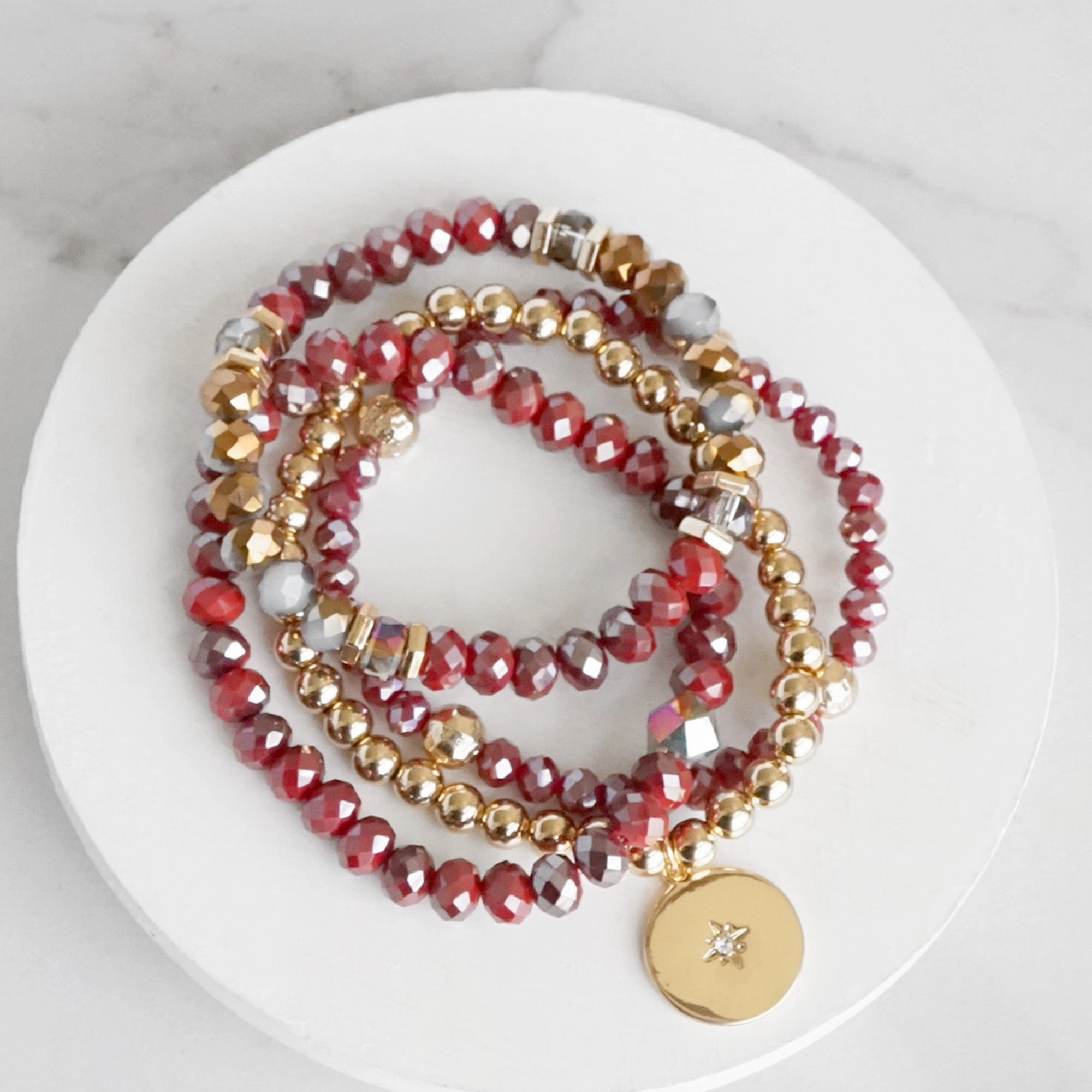Urban Chic Fortunate Blends Beaded Bracelets set Gold Coin Sparkly Wine Red Glass Metal beads