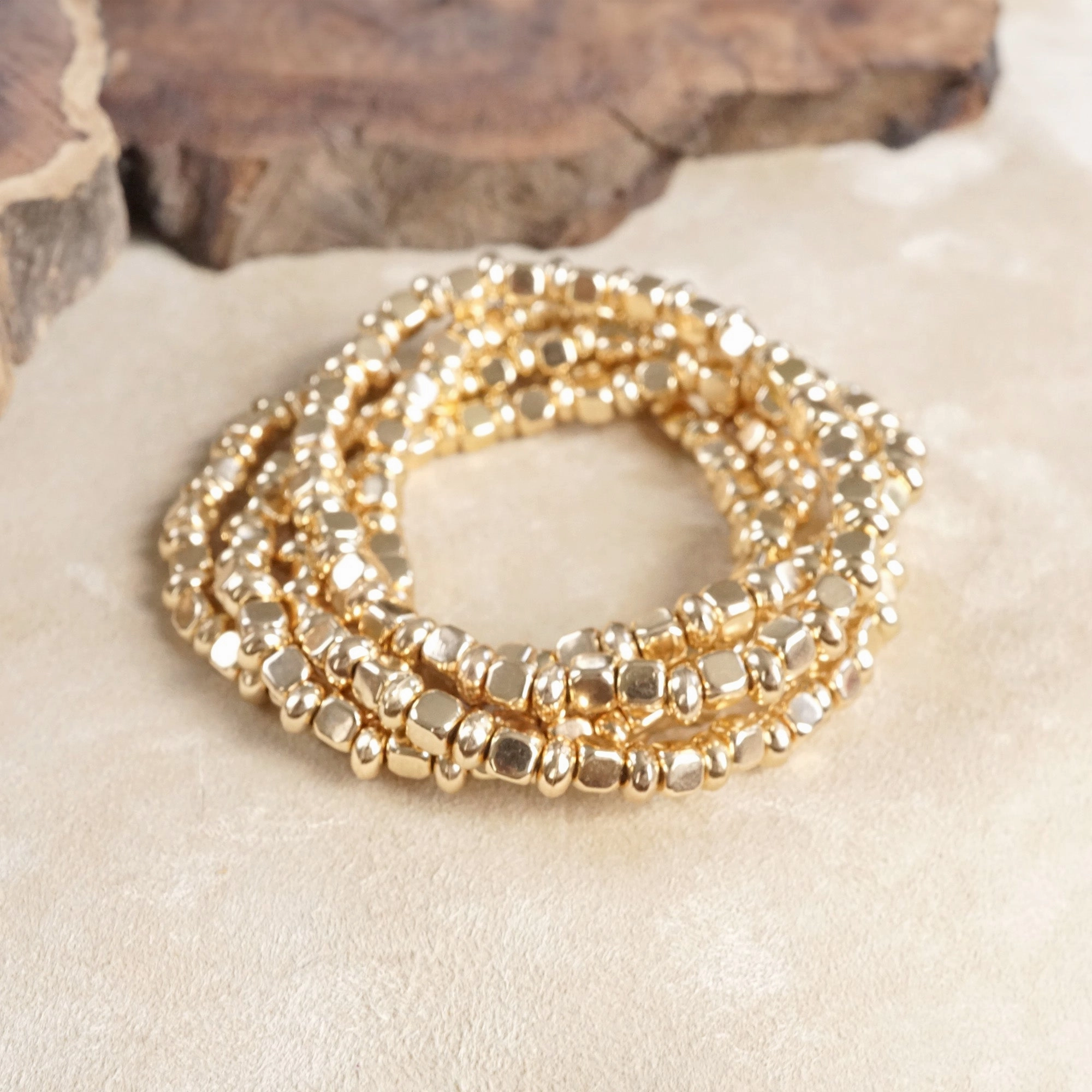 Beaded bracelets set golden cubes CCB stretchy Gold Silver Tone Up-To-The-Minute View