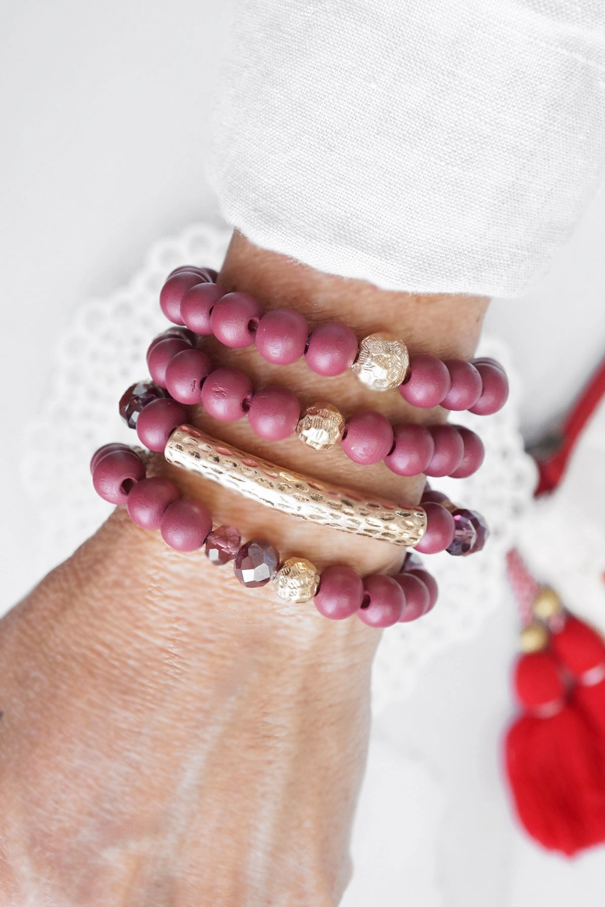 Heavenly Fusions Personal Touch Beaded bracelets set in Wooden Burgundy Red and Gold tube