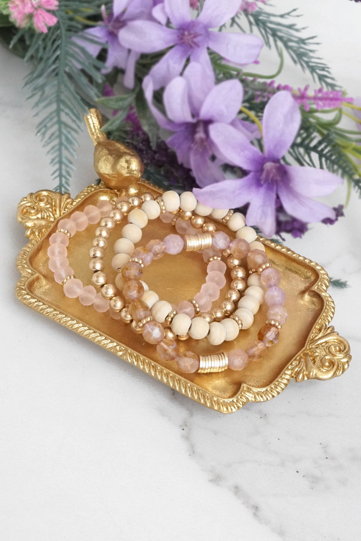 Highly Rated Beaded Bracelets Set of 4 bracelets Pink glass metal and natural wood beads