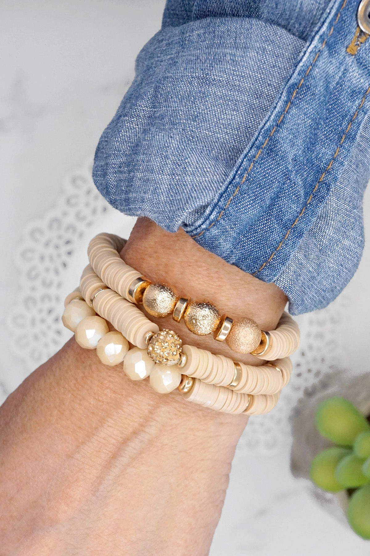 Beaded Bracelets stack in Neutral Beige Heishi Clay Gold tone Layering Cheerful Coincidence