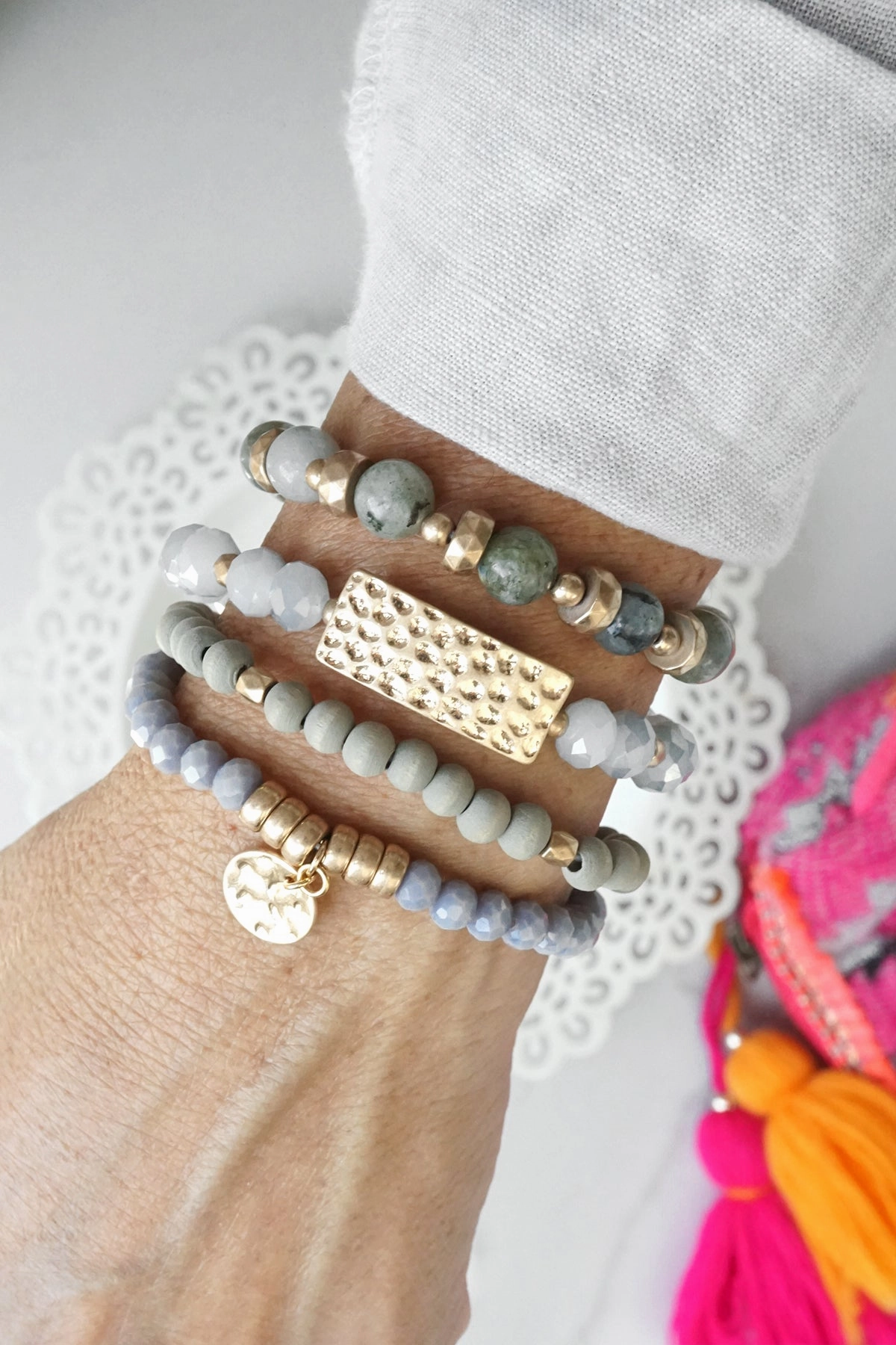 Indelible Mixture Cheerful Coincidence Beaded Bracelets stack of 4 piece with Gray Wood and Semi Precious bead stones glass golden coin