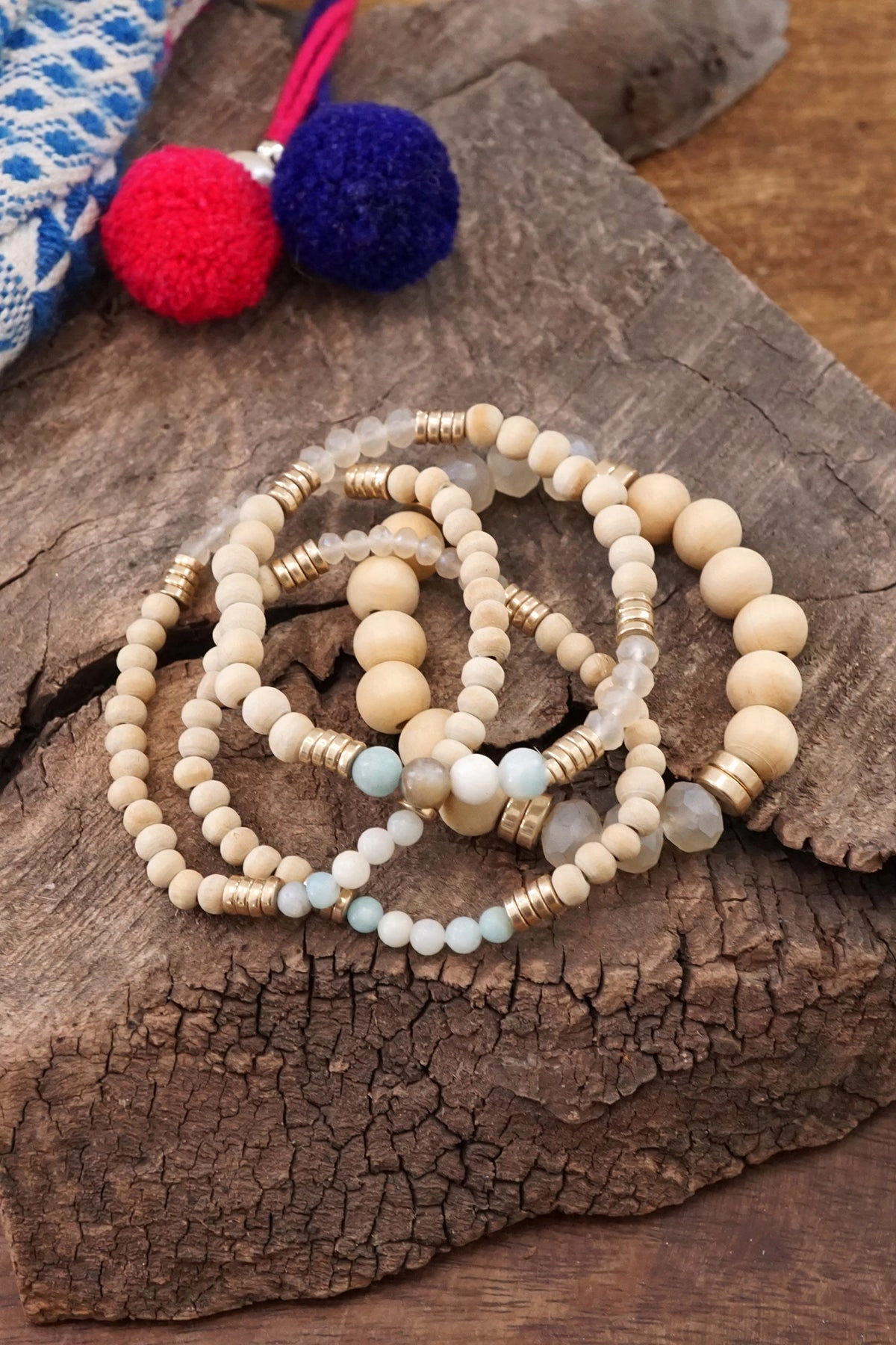 Beaded Bracelets stack of 4 piece with Natural Wood and Semi Precious Amazonite stones glass golden beads Unforgettable Combinations Emotionally Rich