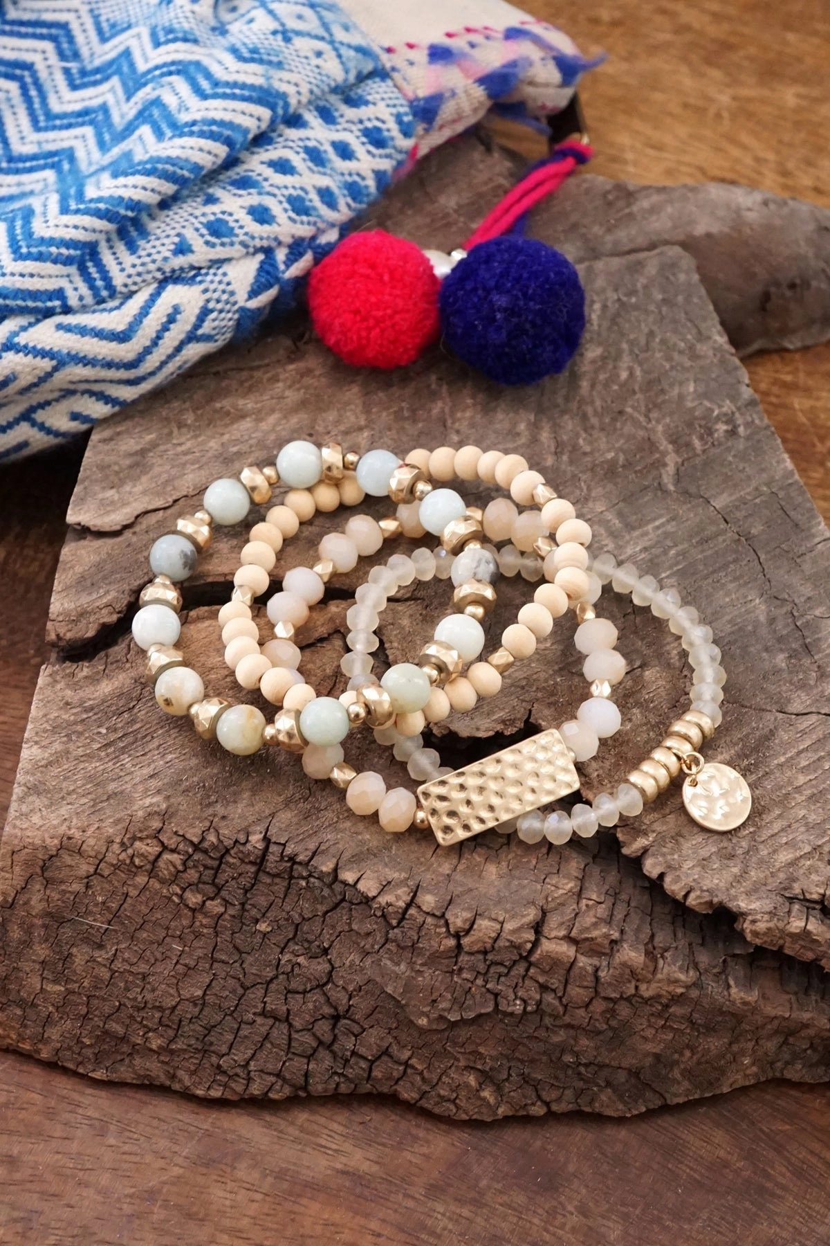 Beaded Bracelets stack of 4 piece with Natural Wood and Semi Precious Amazonite stones glass golden coin Incomparable Value