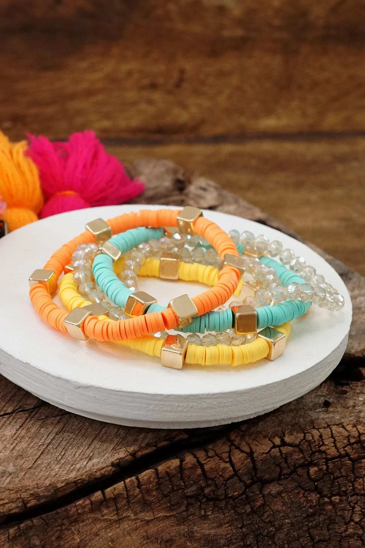 Unbridled Amalgamation Exquisite Touch Beaded Bracelets stack of 5 Bright Colors Clay and Glass Layering bracelets
