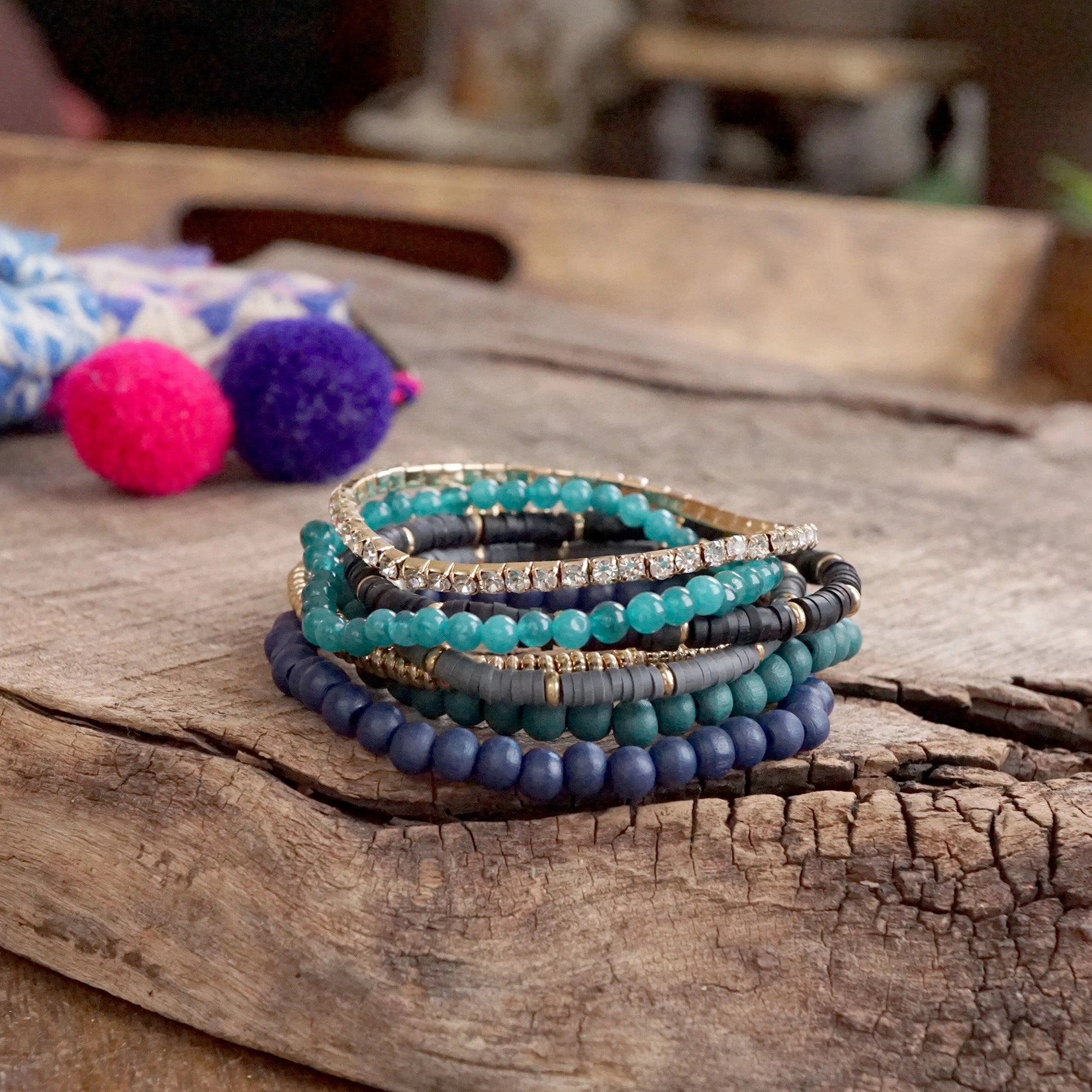 Whole Spectrum Beaded Bracelets stack of 7 in Navy Blue Green Teal