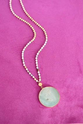 Artistic Look Beaded Long Necklace with Semi Precious Amazonite Stone Round Pendant