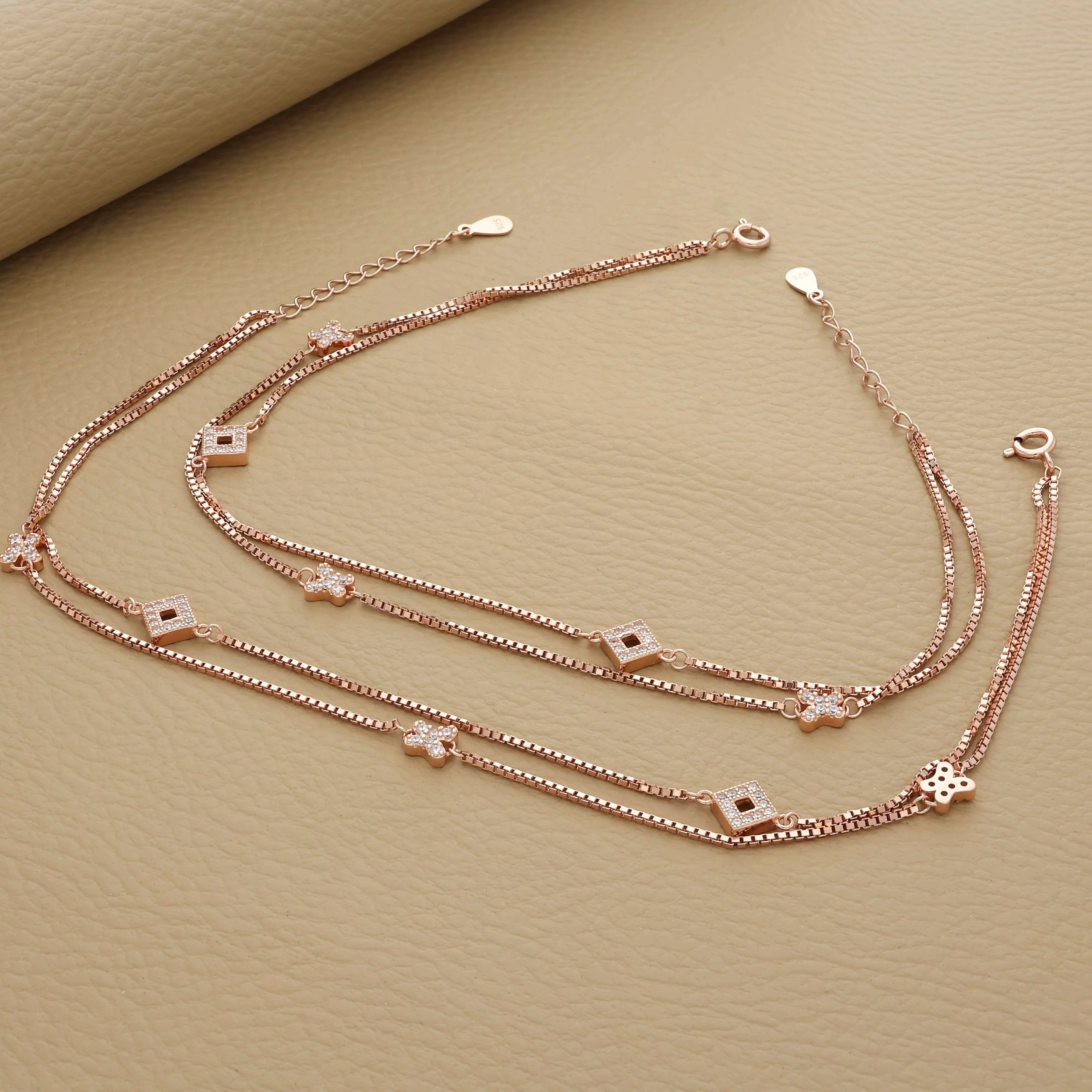Beautiful Twin Layer Rose Gold Polish Silver Anklet