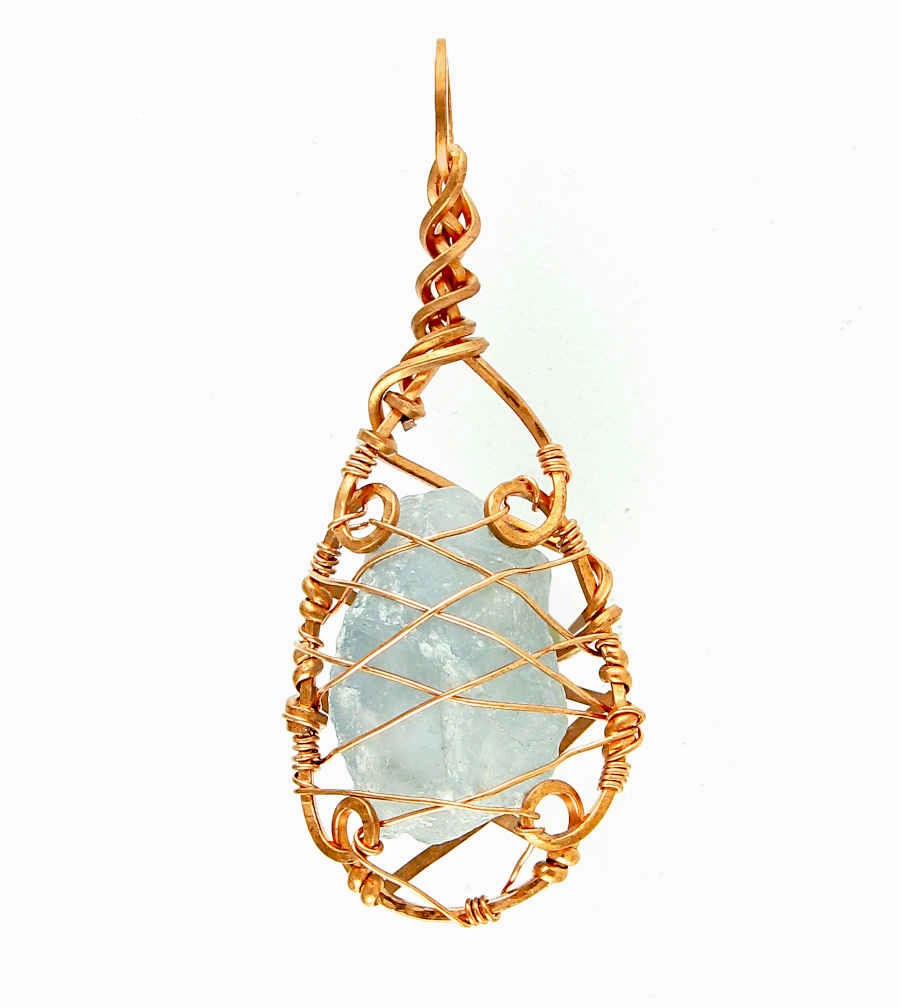 Raw Blue Celestite Crystal Teardrop Pendant Necklace, Copper Wire-Wrapped, Handmade Outdoor Look