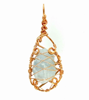 Raw Blue Celestite Crystal Teardrop Pendant Necklace, Copper Wire-Wrapped, Handmade Outdoor Look
