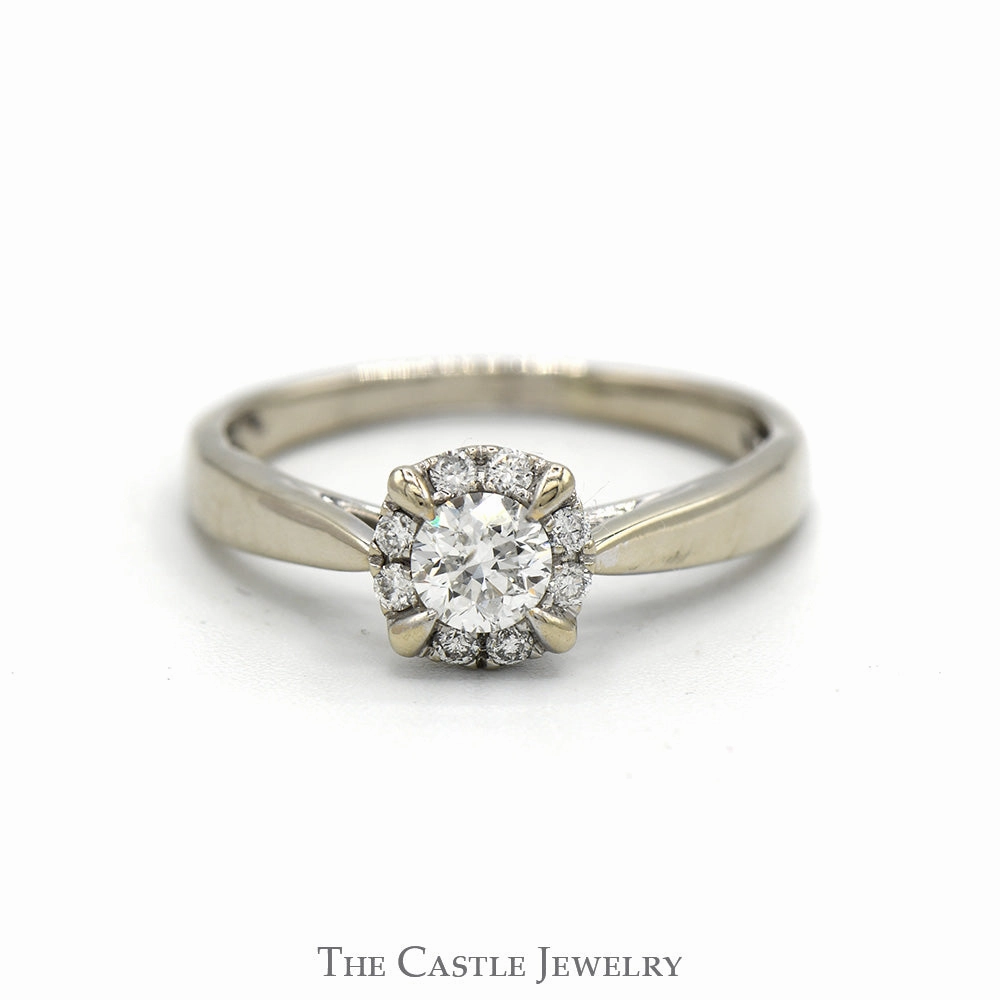 Patterned Surface 1/2cttw Round Diamond Engagement Ring with Diamond Halo in 10k White Gold