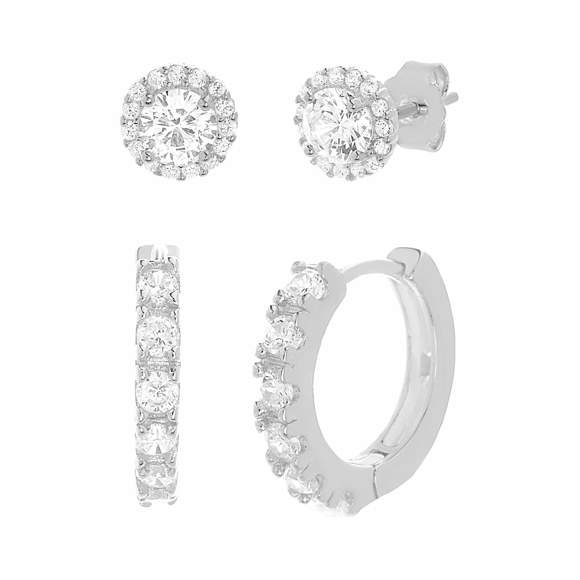 Lesa Michele Cubic Zirconia Stud & Hoop Earring 2pc Set in Sterling Silver Star-Shaped Embellishment Polygonal Decoration
