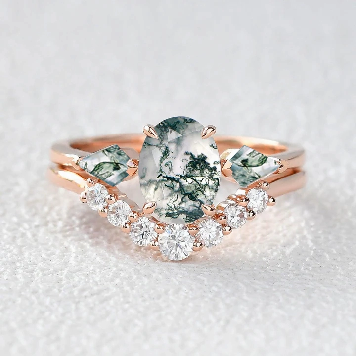 Statement Accessory Oval Moss Agate Three Stone Twinning Kites Engagement Ring Set 2pcs