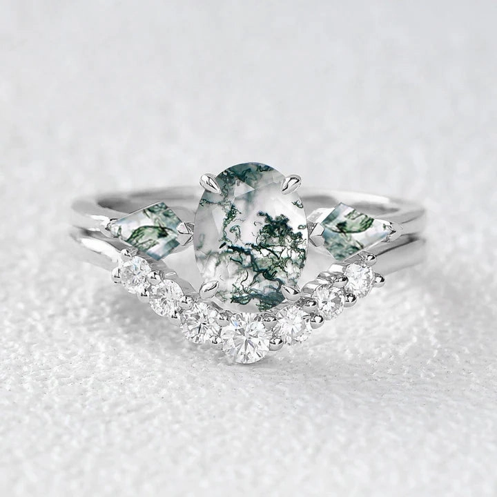 Oval Moss Agate Three Stone Twinning Kites Engagement Ring Set 2pcs Soft Mood Bright Detail