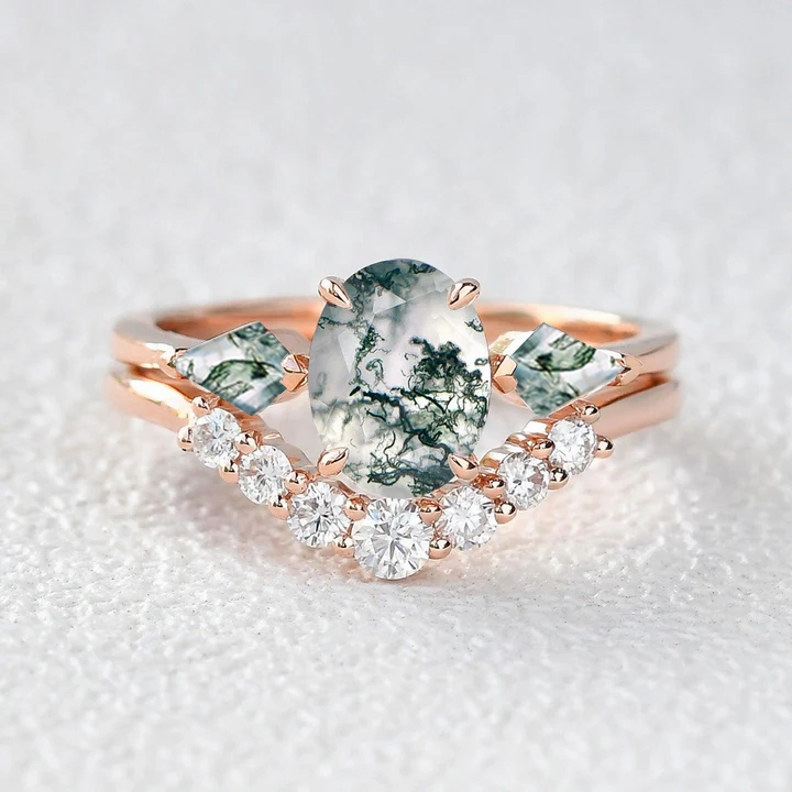 Timeless Trend Pure Accent Oval Moss Agate Three Stone Twinning Kites Engagement Ring Set 2pcs