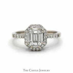 1cttw Baguette Diamond Cluster Engagement Ring with Diamond Halo & Accented Sides in 14k White Gold Office Present