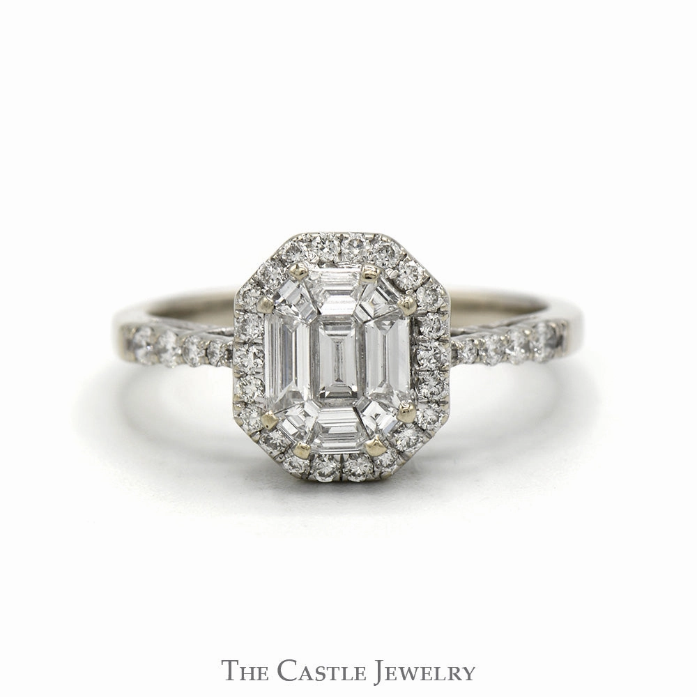 1cttw Baguette Diamond Cluster Engagement Ring with Diamond Halo & Accented Sides in 14k White Gold Office Present