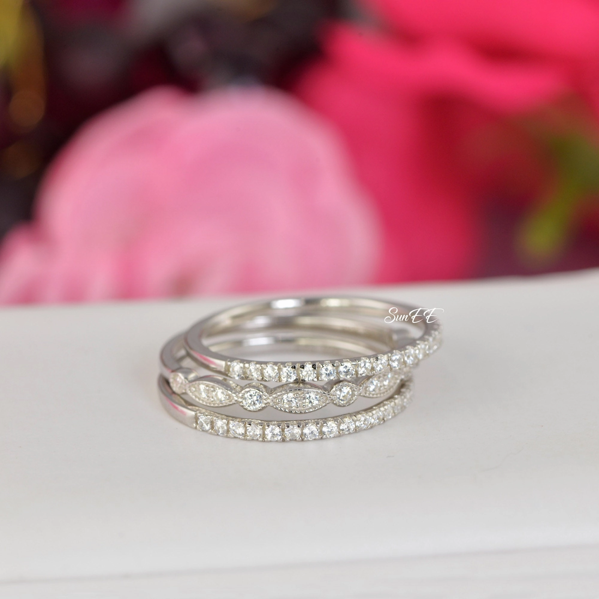 Statement Look Timeless Piece 0.62ct Half Art Deco & Eternity Wedding Band Stack Promise Ring Diamond Simulated 925 Sterling Silver Anniversary Ring SKU:00204