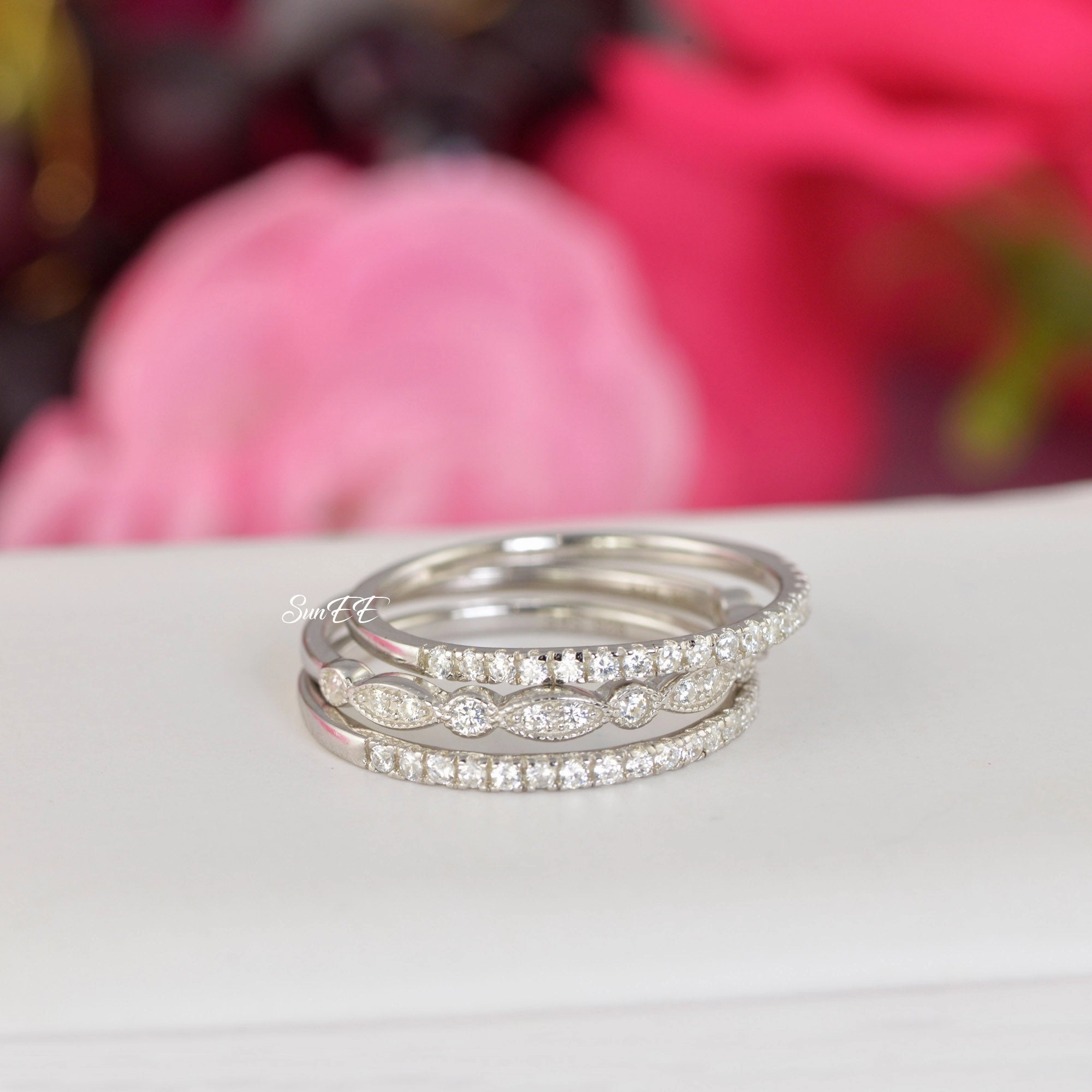 0.62ct Half Art Deco & Eternity Wedding Band Stack Promise Ring Diamond Simulated 925 Sterling Silver Anniversary Ring SKU:00204 Artistic Emblem Heavy Duty