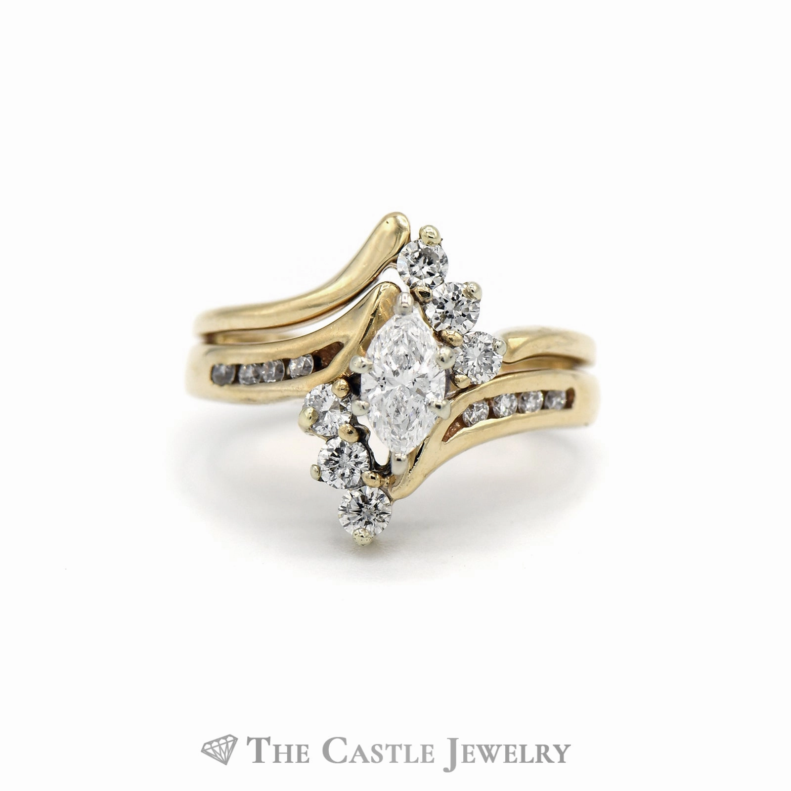 Delicate Trinket .55CTTW Marquise Cut Diamond Bridal Set with Round Diamond Accents in 14KT Yellow Gold