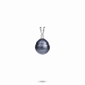Zoom Focus Tahitian Black Pearl Pendant in White Gold with Diamond - 8-10mm