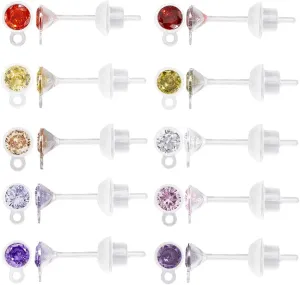 Beebeecraft 10 Pairs 10 Colors Cubic Zirconia Earrings Studs Colorful Flat Resin Stud Earring with Plastic Post for Women Men Multipack Sensitive Ears