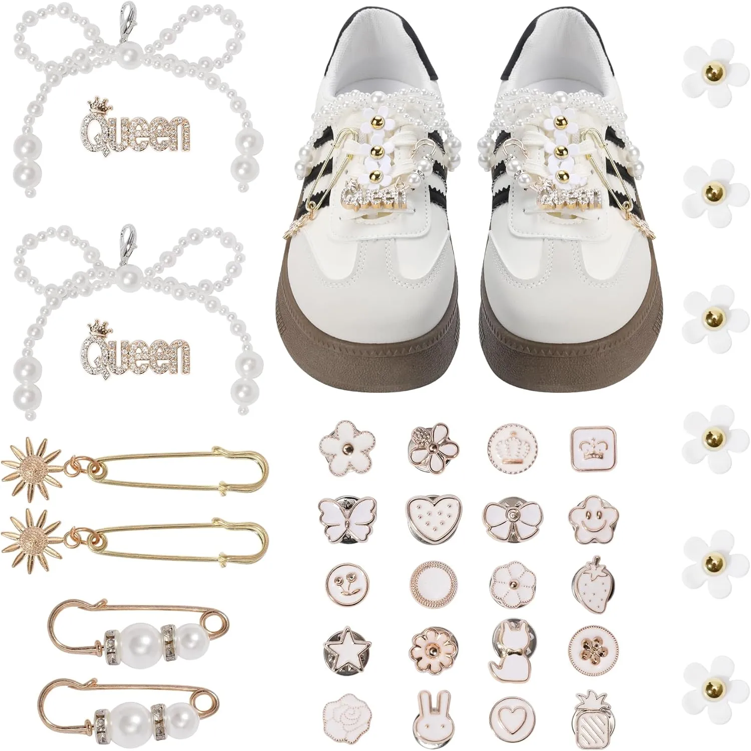 Bellaqueo 34Pcs Flower Shoe Charms for Sneakers Girls, Shoe Lace Charms Clips, Pearl Bows DIY Shoelace Charms, Junk Socks Charms Kit for Women, Jewelry Making Kits