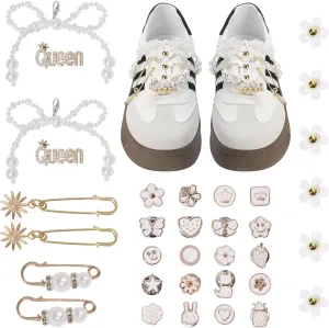 Bellaqueo 34Pcs Flower Shoe Charms for Sneakers Girls, Shoe Lace Charms Clips, Pearl Bows DIY Shoelace Charms, Junk Socks Charms Kit for Women, Jewelry Making Kits