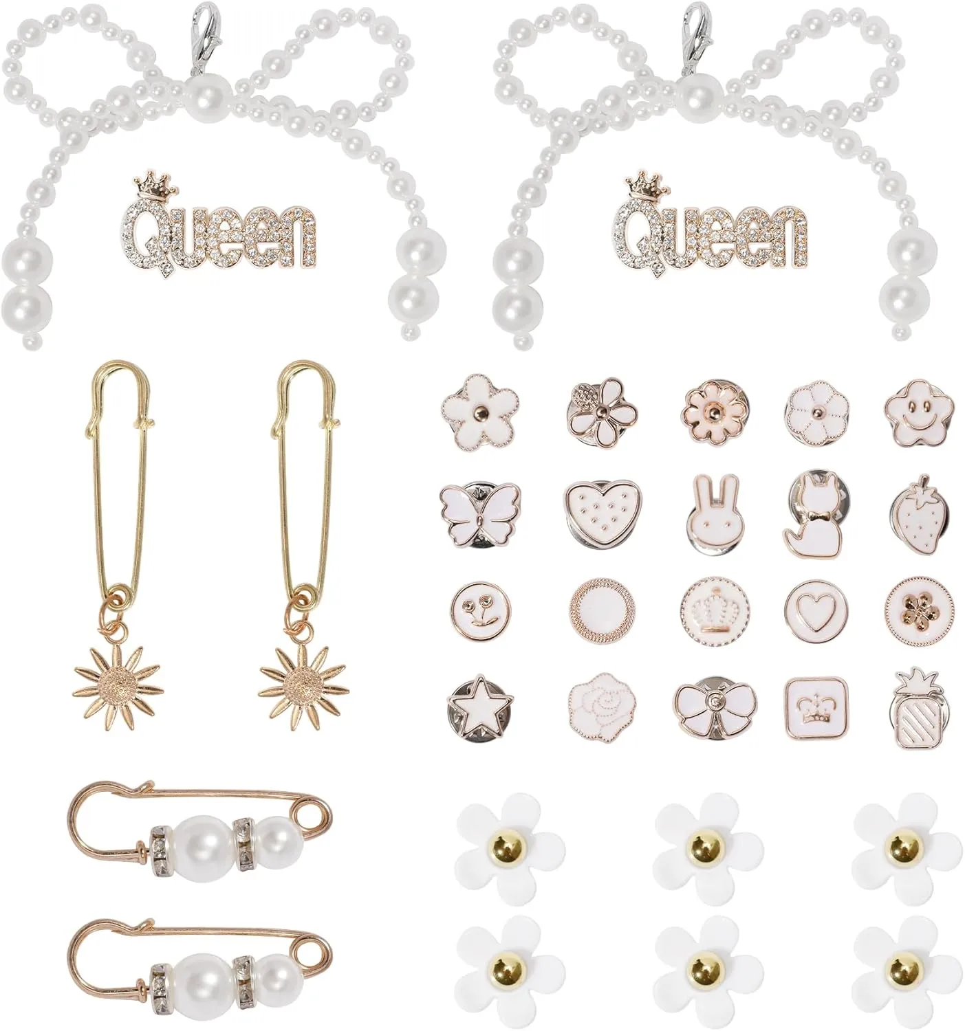 Bellaqueo 34Pcs Flower Shoe Charms for Sneakers Girls, Shoe Lace Charms Clips, Pearl Bows DIY Shoelace Charms, Junk Socks Charms Kit for Women, Jewelry Making Kits