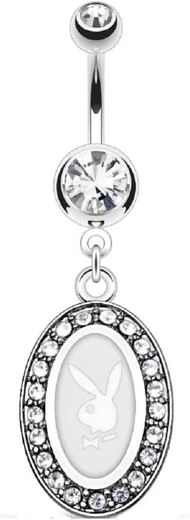Belly Button Ring Playboy Bunny Round Frame with Paved Gems Dangle Navel