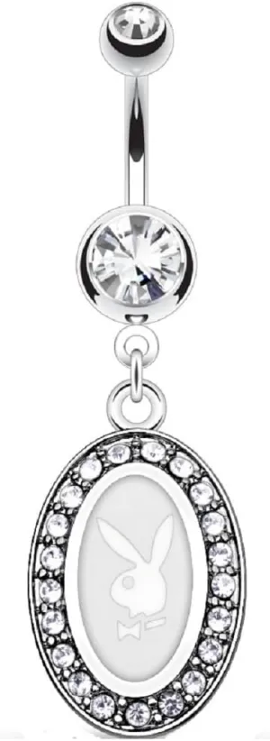 Belly Button Ring Playboy Bunny Round Frame with Paved Gems Dangle Navel