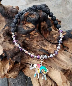 BESHEEK PURPLE and Black Lava bead Mosaic Elephant Stretch Anklet | Handmade Hypoallergenic Beach Gala Wedding Style Jewelry