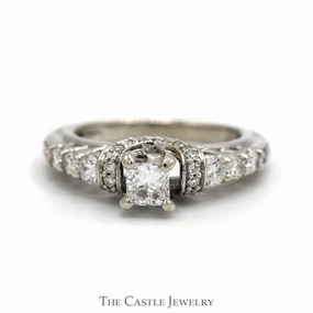 country style 1.30cttw Princess Cut Diamond Engagement Ring with Diamond Accents in 14k White Gold