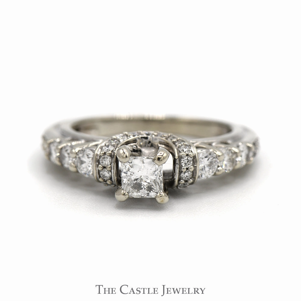 country style 1.30cttw Princess Cut Diamond Engagement Ring with Diamond Accents in 14k White Gold