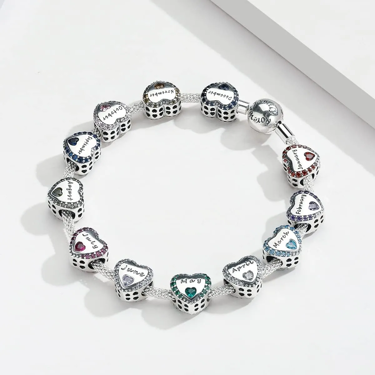 BETTY&SARAH Birthstone Charms for Charms Bracelet 925 Sterling Silver Love Heart Beads Charms Happy Birthday Mothers Day Jewelry Gifts Charms for Women