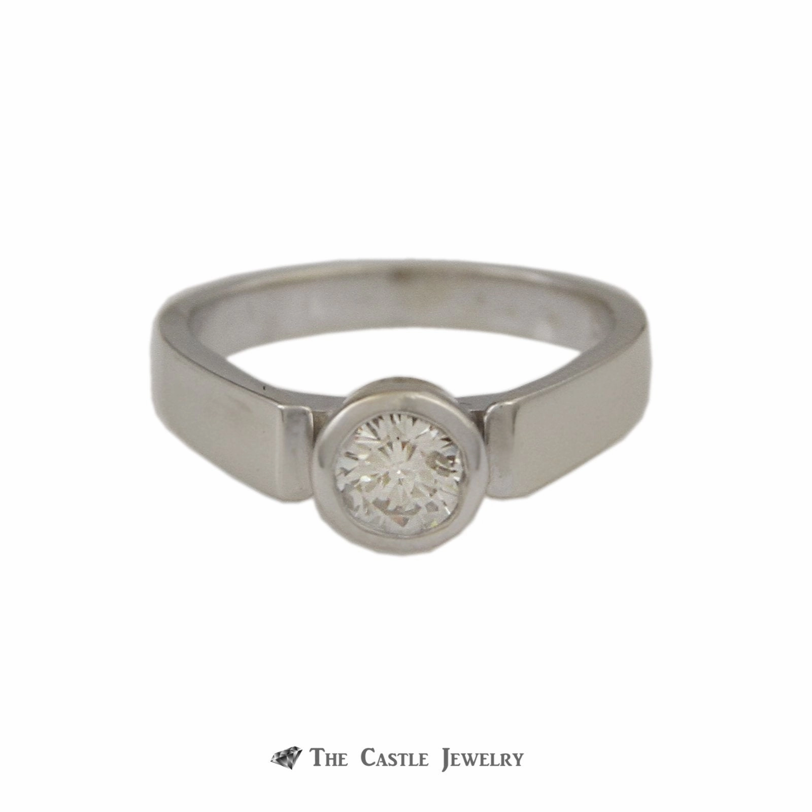 Understated Spark Cultural Heritage Bezel Set Round Brilliant Cut Diamond Engagement Ring with Cathedral Mounting in 14K White Gold