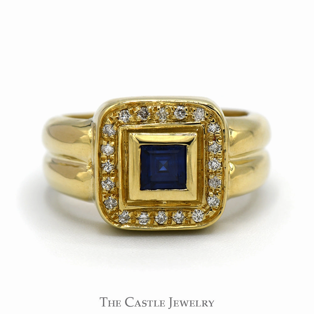 Bezel Set Square Sapphire Ring with Diamond Halo in 10k Yellow Gold Timeless Work
