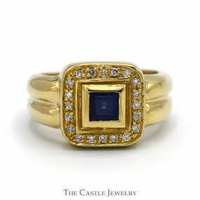 Bezel Set Square Sapphire Ring with Diamond Halo in 10k Yellow Gold Timeless Work