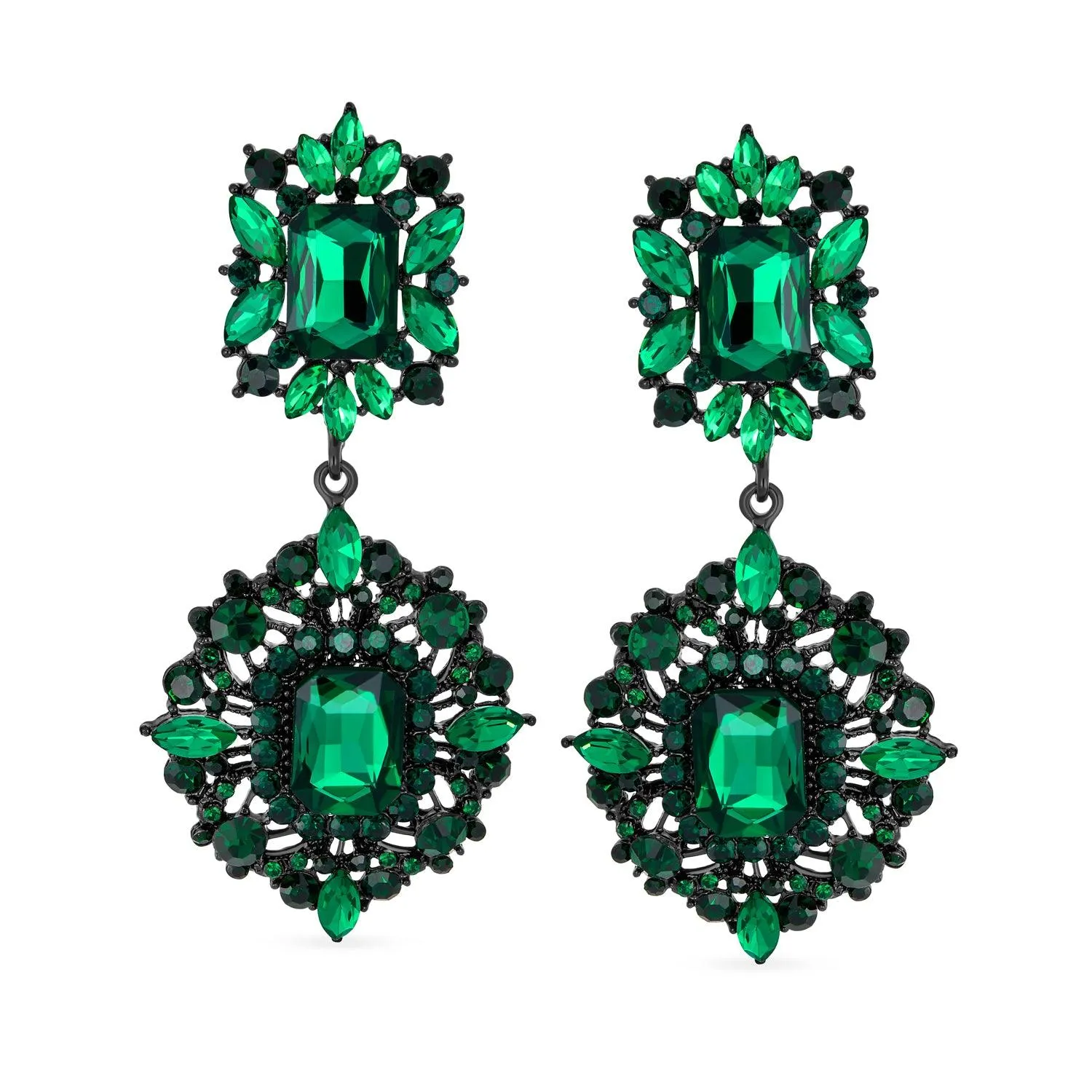 Big Crystal Art Deco Vintage Style Gatsby Gemstone Dangle Earrings Gold & Black