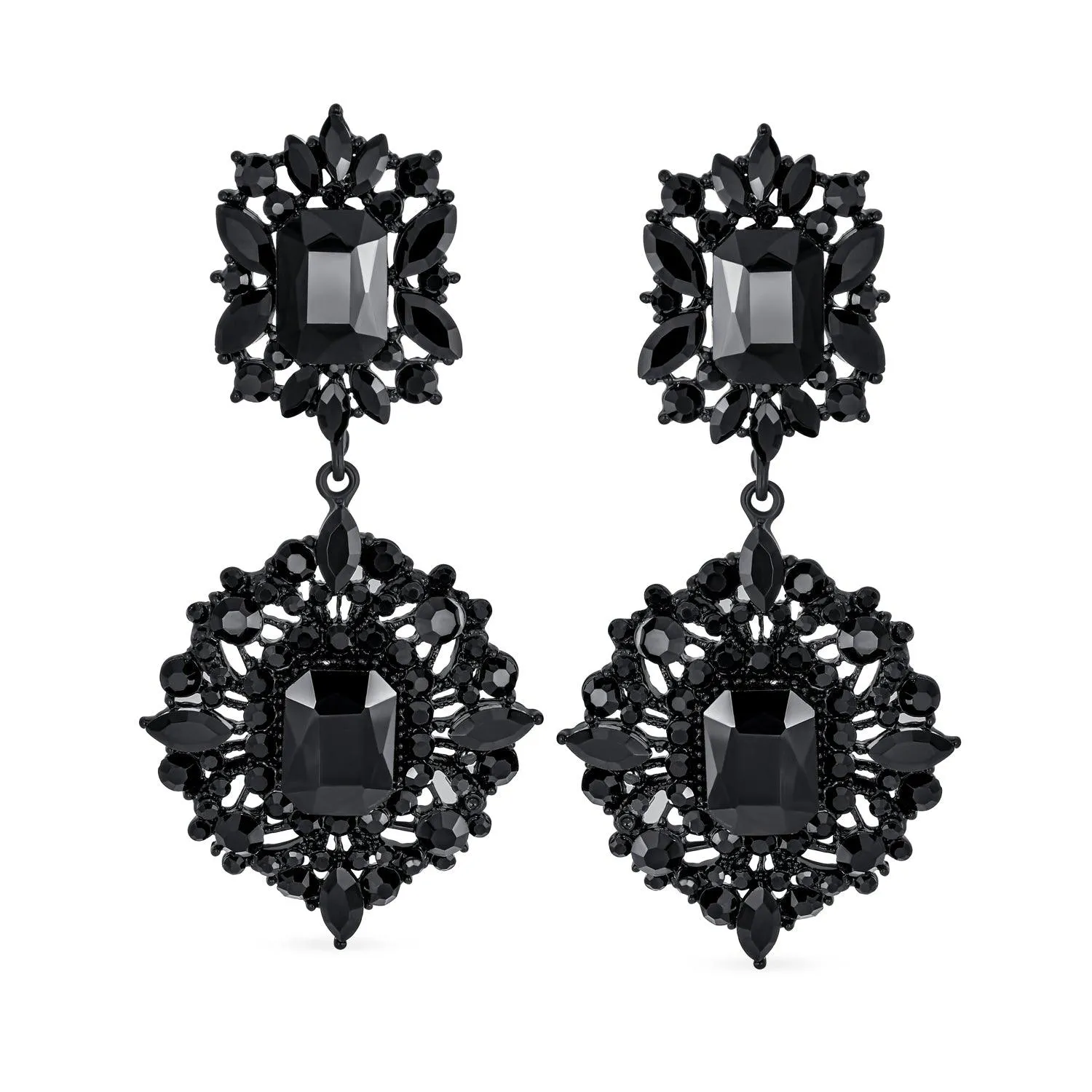 Big Crystal Art Deco Vintage Style Gatsby Gemstone Dangle Earrings Gold & Black