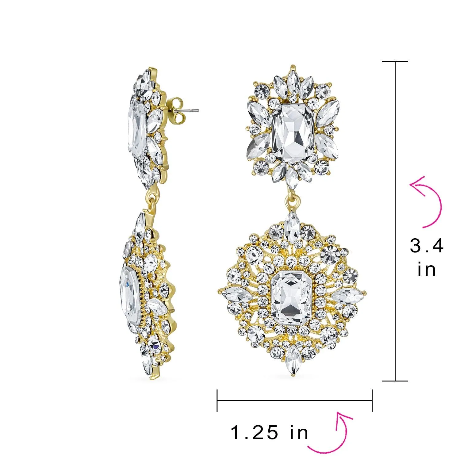 Big Crystal Art Deco Vintage Style Gatsby Gemstone Dangle Earrings Gold & Black