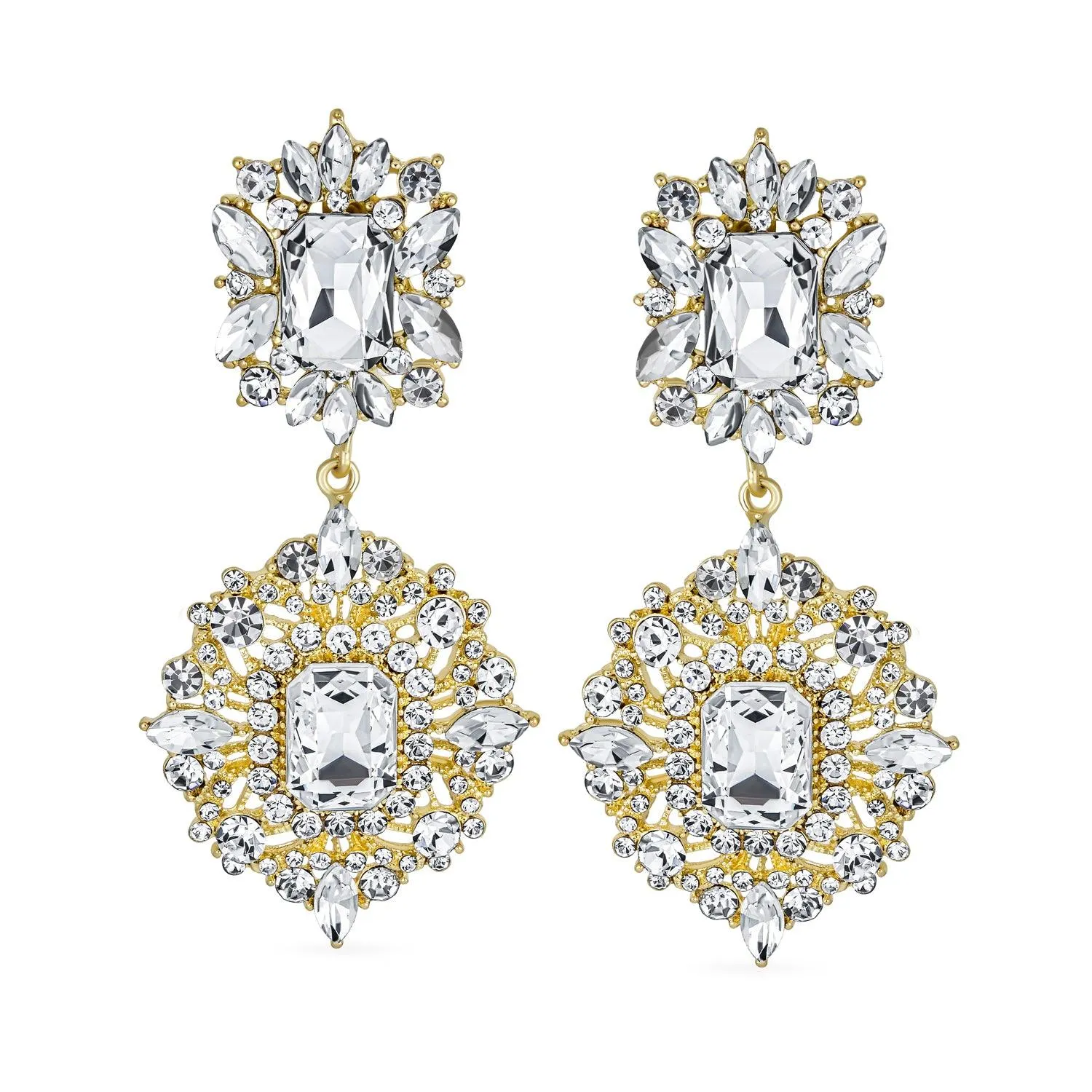 Big Crystal Art Deco Vintage Style Gatsby Gemstone Dangle Earrings Gold & Black