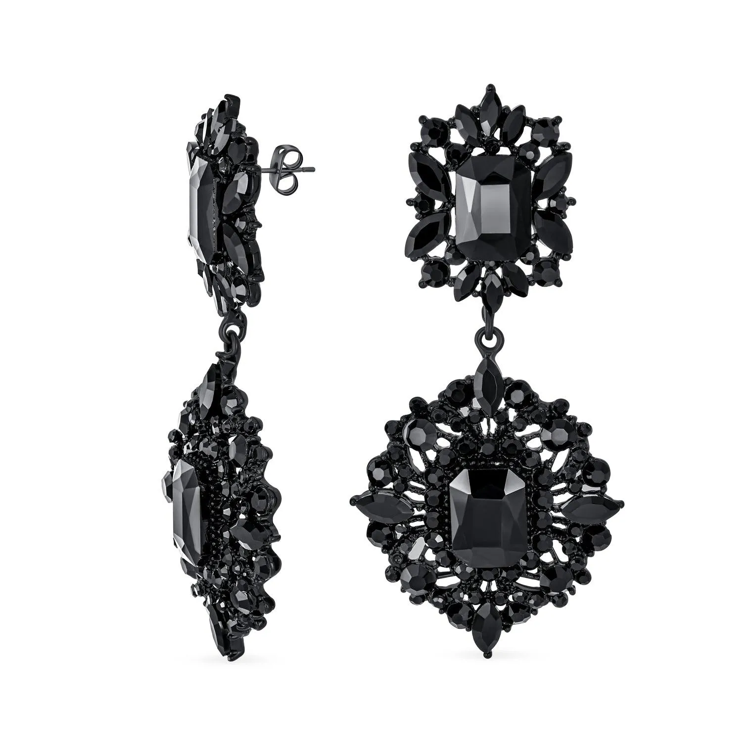 Big Crystal Art Deco Vintage Style Gatsby Gemstone Dangle Earrings Gold & Black