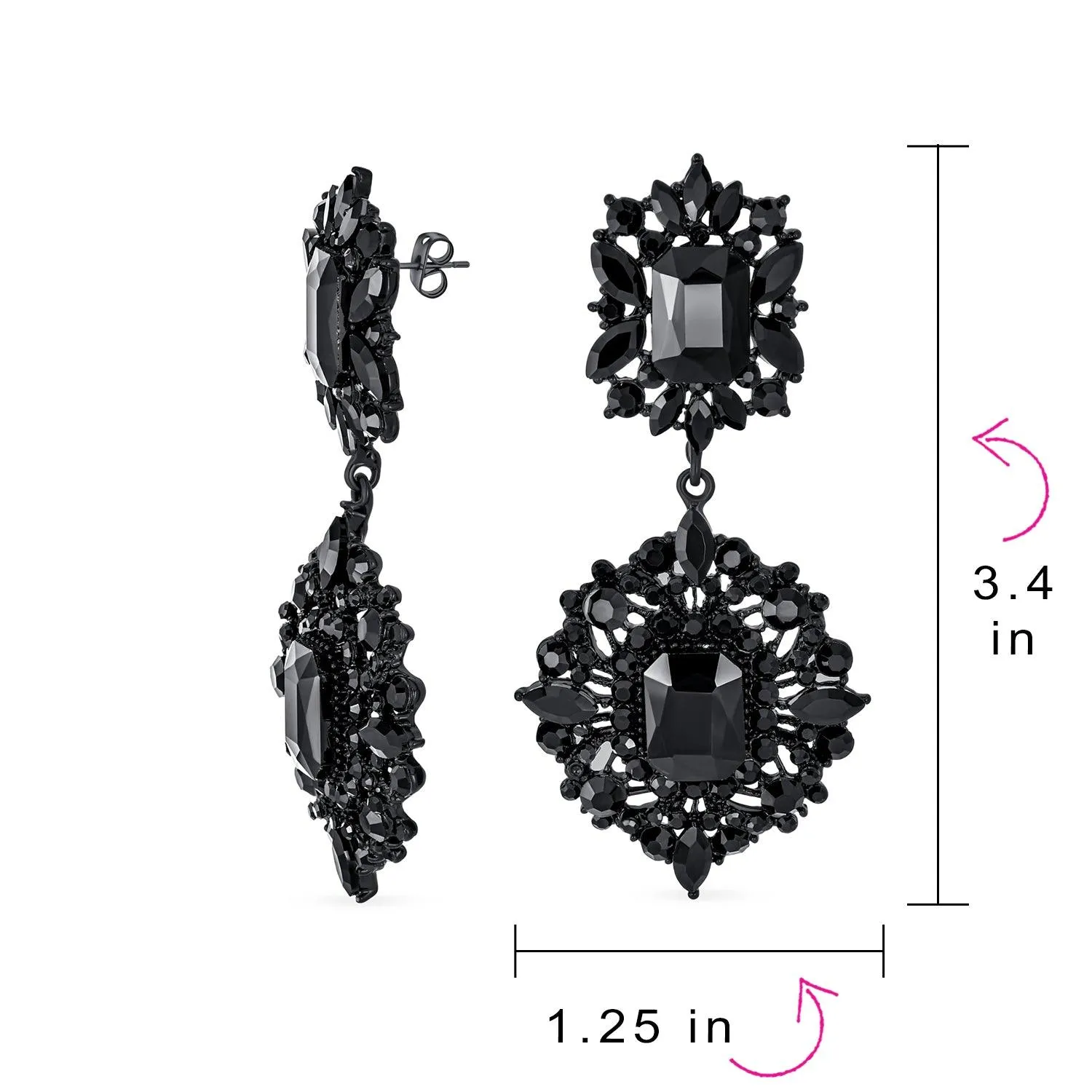 Big Crystal Art Deco Vintage Style Gatsby Gemstone Dangle Earrings Gold & Black