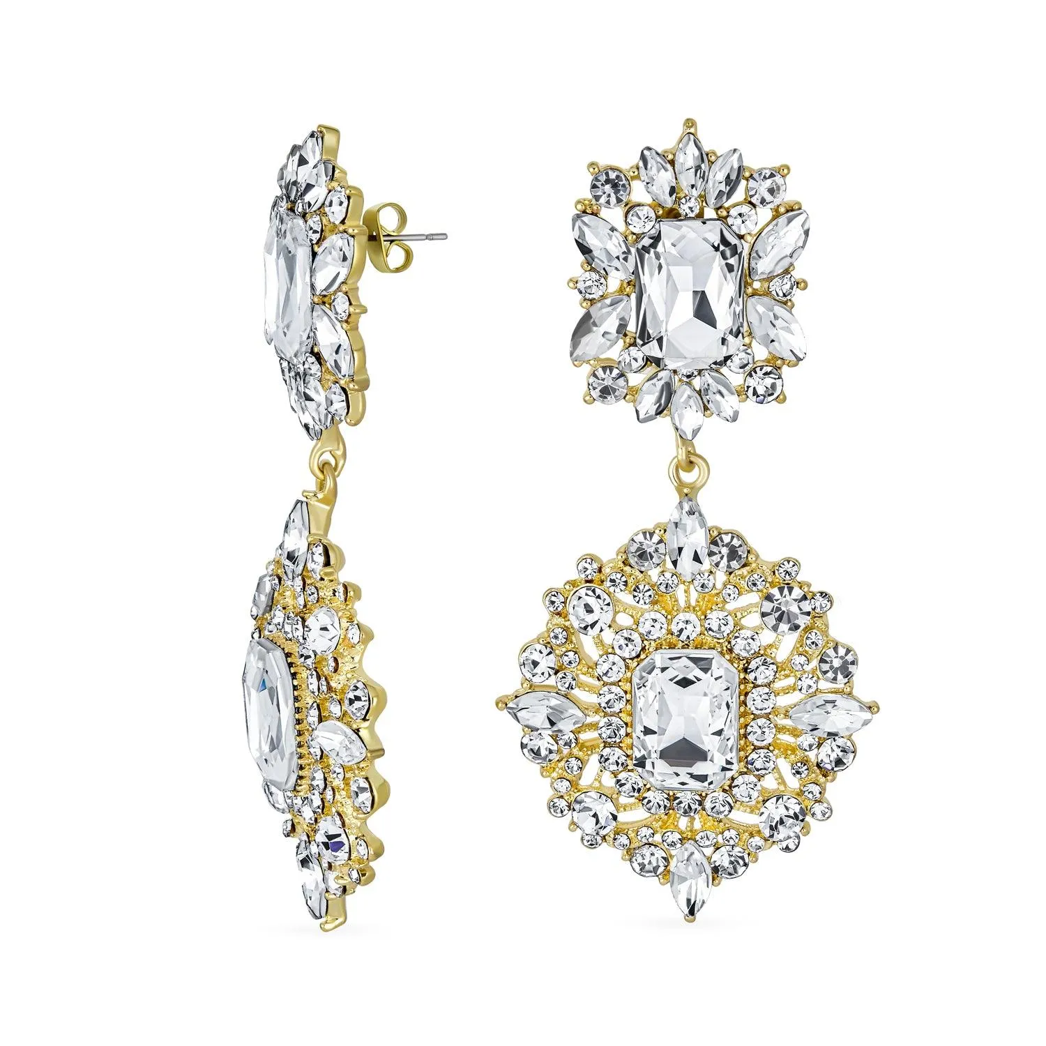 Big Crystal Art Deco Vintage Style Gatsby Gemstone Dangle Earrings Gold & Black