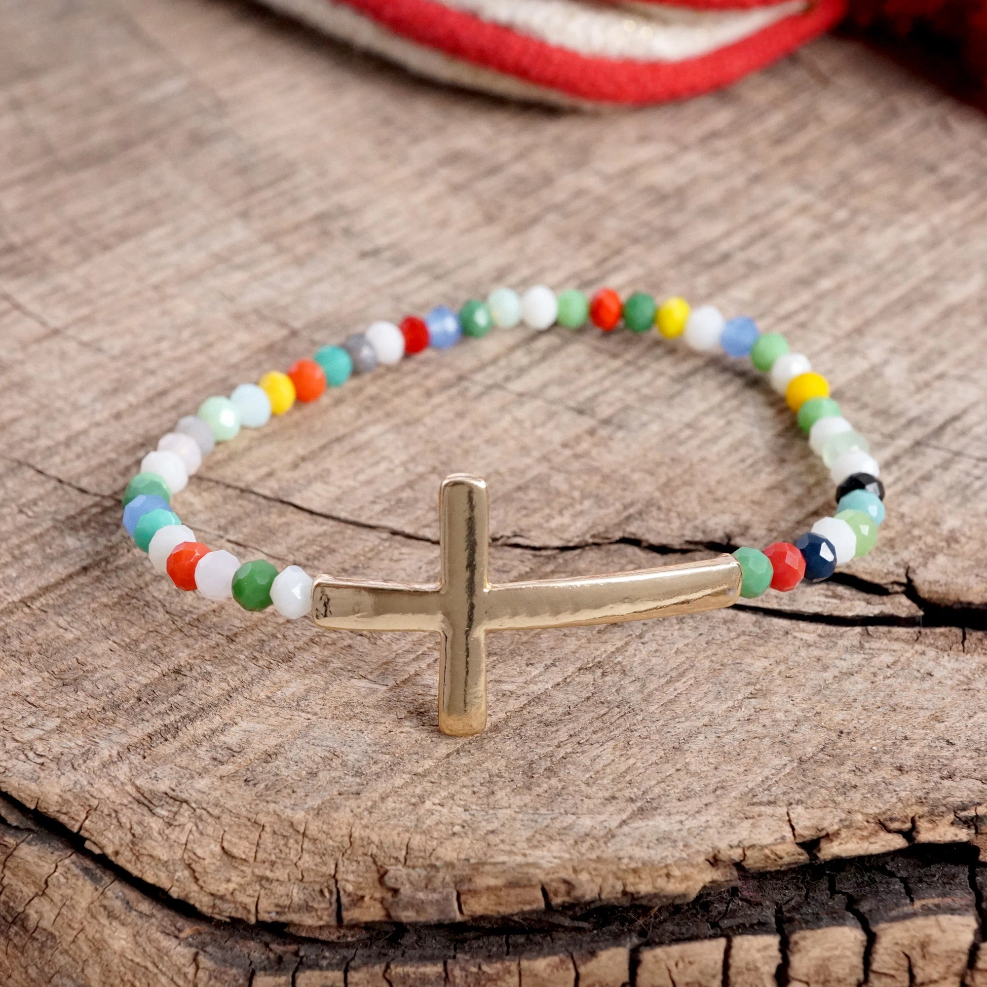 Minimal Sideways Cross Bracelet with Glass Beads Gold tone Distinct Perspective